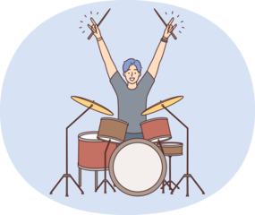 Man drummer member of youth rock band raise hands up starting performance in front of audience. Guy musician drummer sits among trommels getting ready for start of concert