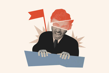 Creative collage young outraged boss feel angry aggressive furious emotion separated head parts...