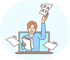 Man looks out laptop screen scattering pieces paper with inscription fake, wanting to mislead...