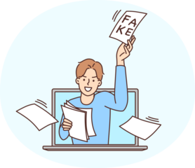 Man looks out laptop screen scattering pieces paper with inscription fake, wanting to mislead people. Metaphor of fake news distributed in social networks and on Internet sites