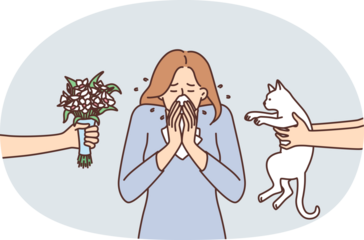 Woman sneezes or experiences rheum covering nose with tissue due to allergic reaction to cat or flowers. Sick girl needs medicine that protects against allergies to pets and plants