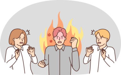 Angry guy office worker swears and waves hands scaring colleagues and creating negative atmosphere in team. Annoyed man with fire behind back symbolizes boss swears on subordinates