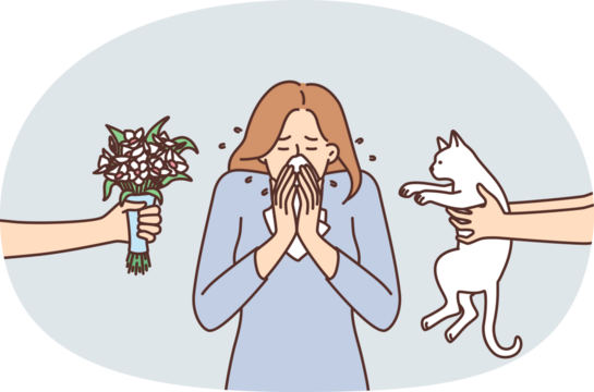 Woman sneezes or experiences rheum covering nose with tissue due to allergic reaction to cat or flowers. Sick girl needs medicine that protects against allergies to pets and plants