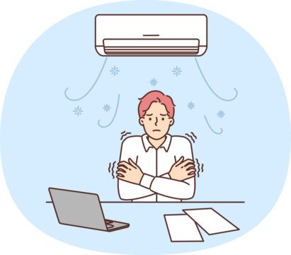 Man sitting at office desk under air conditioner freezes due to cold temperatures or broken climate equipment. Guy tries to warm up after being cold during working day