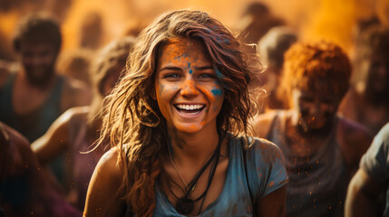 Beautiful woman with colored powder smeared on her face. Smiling girl playing with colors during holi festival at park. - Powered by Adobe
