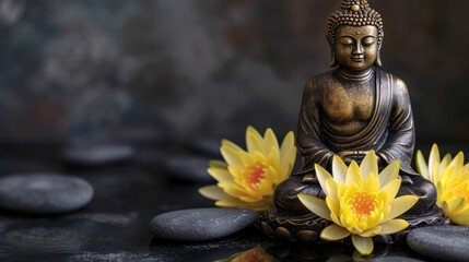 A buddha statue with yellow lotus flower empty space. AI generated image