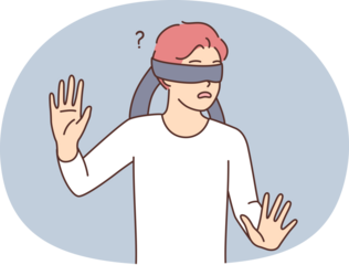 Frightened casual teen boy blindfolded trying to grope road of action in blind. Frightened schoolboy is confused while playing hide-and-seek or entertaining quest