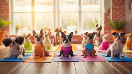 Yoga Dogs, Group Fitness Session with Athletic Wear, Pet Exercise Fun. Dogs in Yoga Poses Wearing Fitness Gear in Canine Wellness Class Image made using Generative AI - 724927080