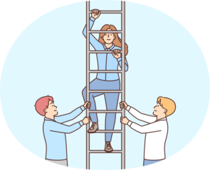Two men hold ladder with girl for concept close-knit business team and career success. Employees company or startup provide support to colleagues by helping them climb career ladder