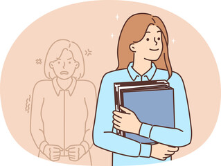 Happy woman office worker standing with document folders near angry woman located behind. Nervous...