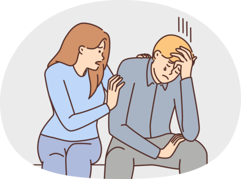 Caring girl comforts crying boyfriend who is upset about death of loved one or failure in career. Woman sits near crying man giving him psychological support and offering help - Powered by Adobe