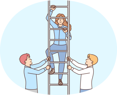 Two men hold ladder with girl for concept close-knit business team and career success. Employees company or startup provide support to colleagues by helping them climb career ladder