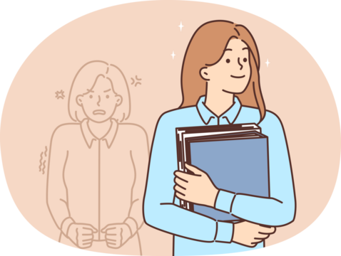 Happy woman office worker standing with document folders near angry woman located behind. Nervous girl is disappointed by success of office colleagues moving up career ladder