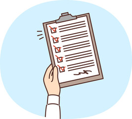 Man hand with clipboard with questionnaire consisting of checkboxes and handwritten signature....