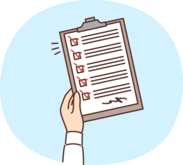 Man hand with clipboard with questionnaire consisting of checkboxes and handwritten signature. Clipboard symbolizes time management and control over execution of scheduled tasks