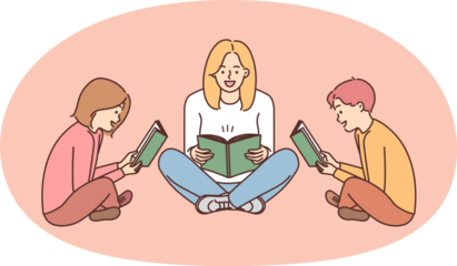 Mom and two children sit on floor with book and enthusiastically read interesting stories enjoying useful hobby. Woman with daughter and son read books with fiction together