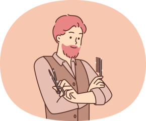Man hairdresser working in beauty salon stands with arms crossed holding comb and scissors. Barbershop specialist guy confidently looks ahead deciding what hairstyle to make to visitor