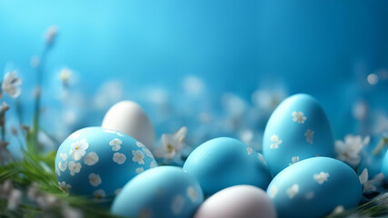 Easter eggs on a delicate blue background with greenery.