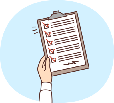 Man hand with clipboard with questionnaire consisting of checkboxes and handwritten signature. Clipboard symbolizes time management and control over execution of scheduled tasks