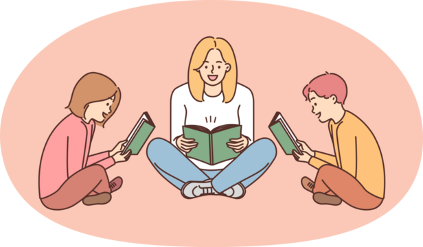Mom and two children sit on floor with book and enthusiastically read interesting stories enjoying useful hobby. Woman with daughter and son read books with fiction together