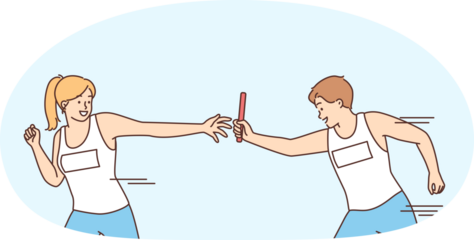 Man giving relay race to woman competing in team sport doing timed exercise. Guy and girl participate in relay race together trying to beat rivals from fitness club