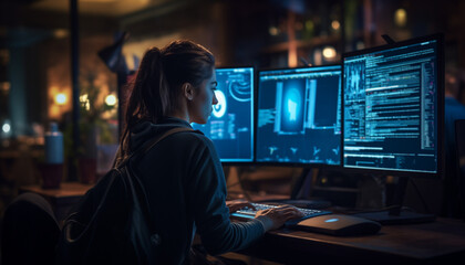 a young woman writing code or hacking in front of illuminated computer screens  in a dark room
