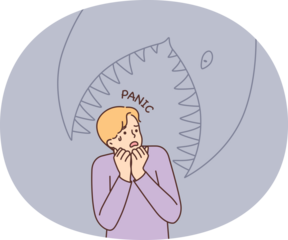 Frightened man having panic attack imagining giant fish trying to eat him. Cowardly guy panic and gets scared after watching horror movies or reading scary stories in books