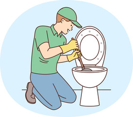 Plumber is repairing toilet bowl using plunger to clean pipes after clogged sewer. Man from...