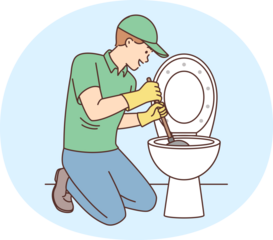 Plumber is repairing toilet bowl using plunger to clean pipes after clogged sewer. Man from plumbing company is on knees removing blockage from toilet bowl