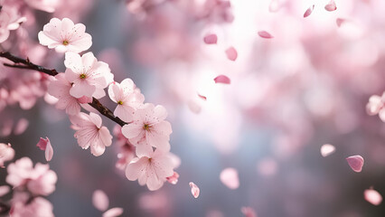 Branch of sakura with petals falling from its flowers.