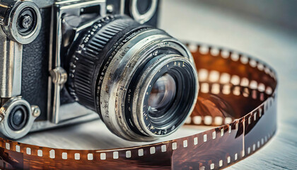 Curve 35 mm filmstrip and retro camera, camera film background. - obrazy, fototapety, plakaty