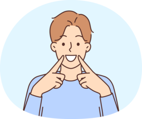 Happy young man point at healthy white teeth after dental treatment. Overjoyed guy demonstrate great smile recommend dentistry services. Oral care.