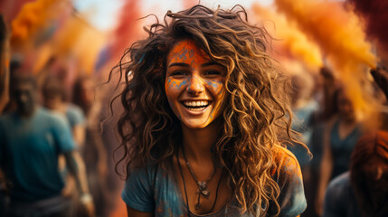 Beautiful woman with colored powder smeared on her face. Smiling girl playing with colors during holi festival at park. - Powered by Adobe