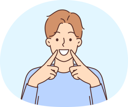 Happy young man point at healthy white teeth after dental treatment. Overjoyed guy demonstrate great smile recommend dentistry services. Oral care.