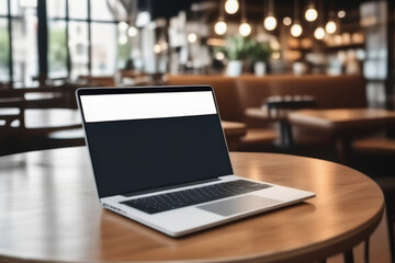 laptop and coffee on a table in a cafe, AI generated