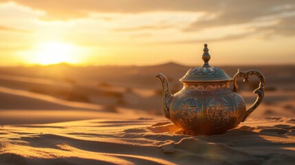 Tea pot over the sand of desert at sunset scenery with empty space. AI generated image