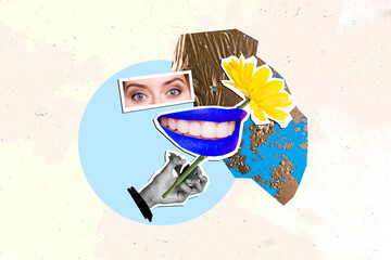 Collage picture banner of beautiful woman with blue pomade and white healthy teeth isolated on...