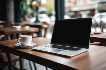 laptop and coffee on a table in a cafe, AI generated