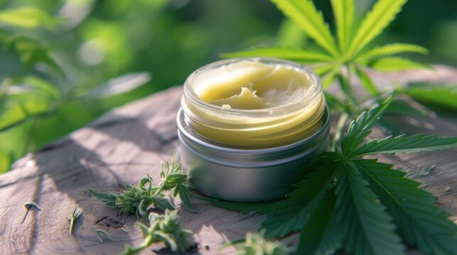 Natural cream with marijuana leaves for alternative medicine. AI generated image