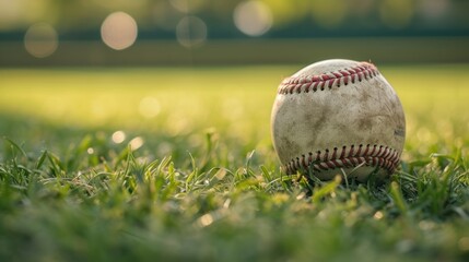 Close up baseball ball sport on grass with blur background. AI generated image