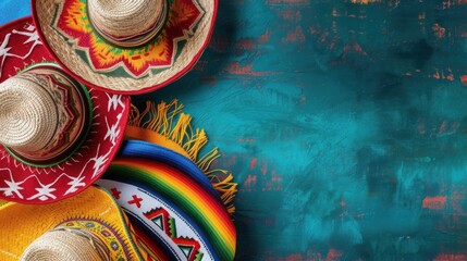 Mexican Sombrero hat with colorful pattern with empty space background. AI generated image