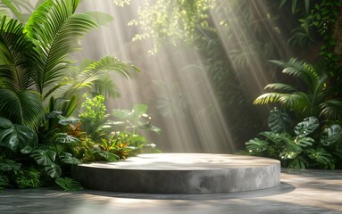 Podium display for product presentation with tropical jungle and incredible sunlight