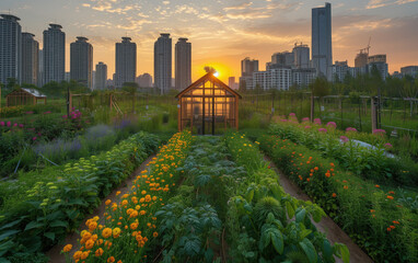 On a city rooftop, a sustainable urban farm is in full bloom. The rooftop features greenhouses made from recycled materials, an array of solar panels powers the operation,