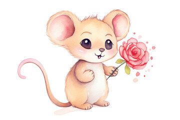 Obraz na płótnie Canvas watercolor valentine mouse with hearts and flowers