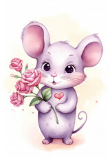 watercolor valentine mouse with hearts and flowers
