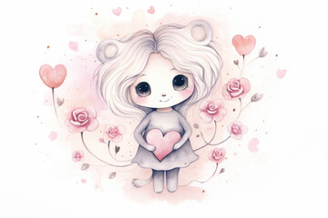 watercolor valentine lioness with hearts and flowers