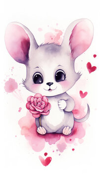 watercolor valentine mouse with hearts and flowers
