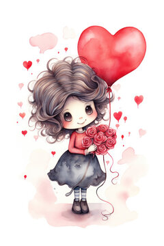 Watercolor valentine girl in a dress with hearts and flowers