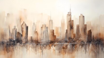 watercolor painting Cityscape with skyscrapers, on gray-brown textured paper. generative ai - obrazy, fototapety, plakaty