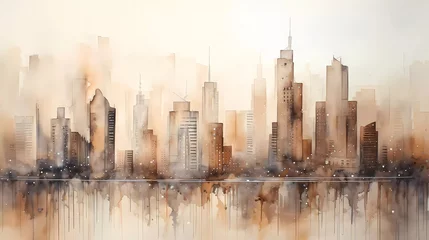 Foto op Plexiglas Aquarelschilderij wolkenkrabber watercolor painting Cityscape with skyscrapers, on gray-brown textured paper. generative ai